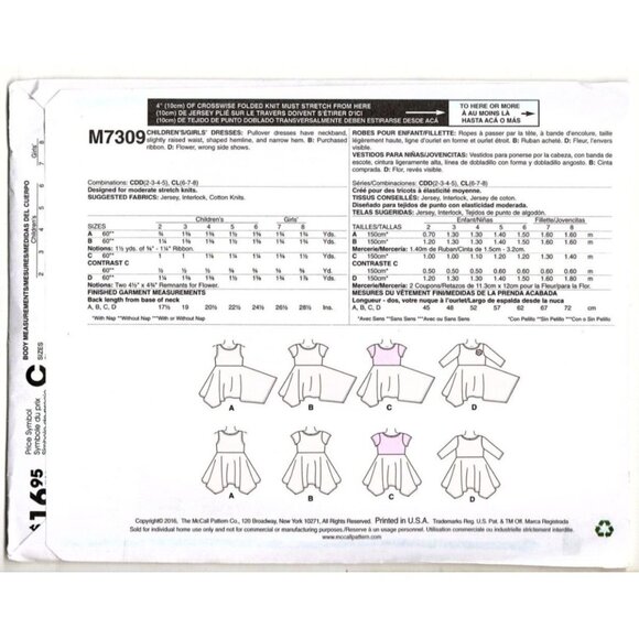 McCall's M7309 Girls 6 to 8 Handkerchief Hem Dress Uncut Sewing Pattern New - Picture 2 of 2